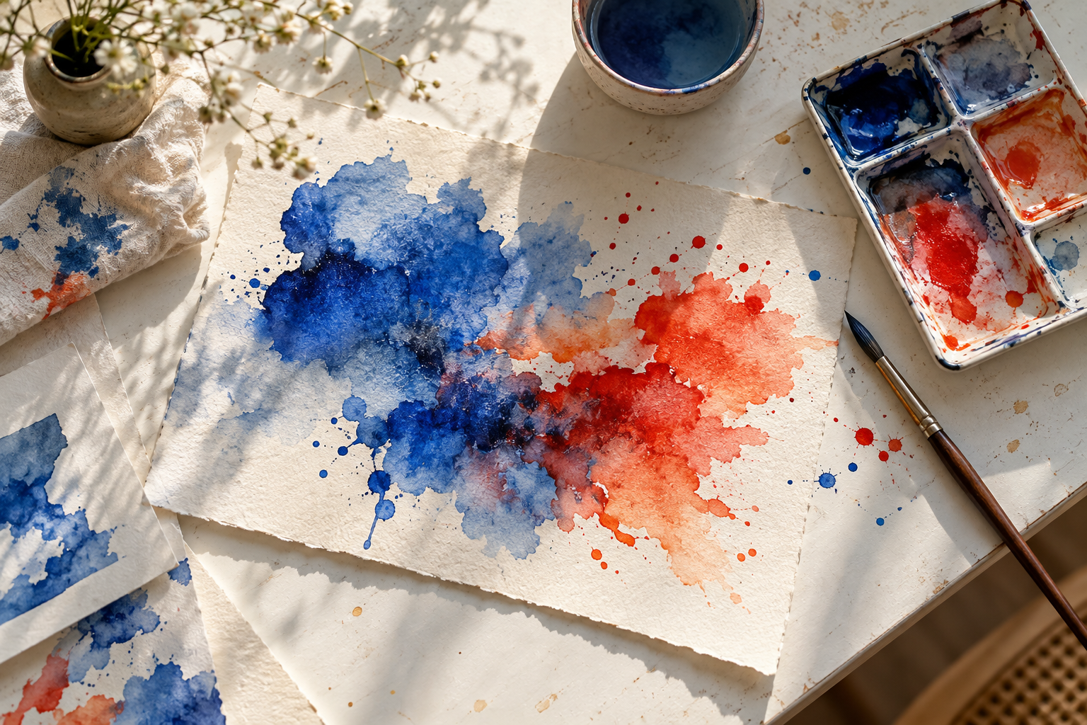 Expressive blue and vermilion paint on textured paper beside simple art materials